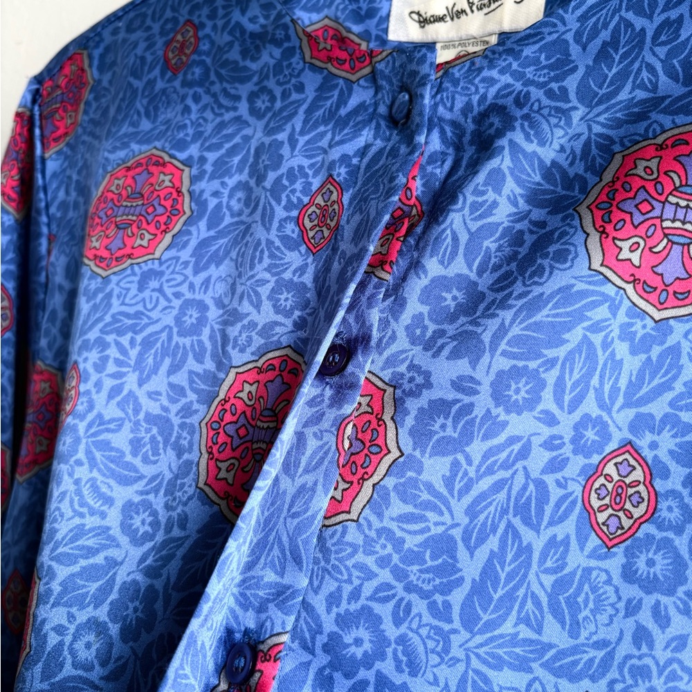 Vintage Diane von Furstenberg Blue Medallion Print Blouse | Size 12 | 80s